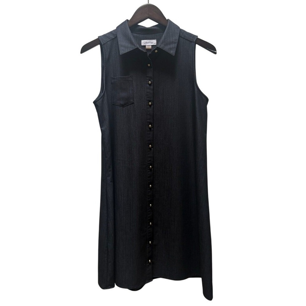 Calvin‎ Klein Womens Dark Wash Trapeze Button Down Denim Shirt Dress Size 8